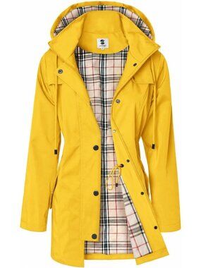 Women's Yellow Long Hooded Rain Jacket Outdoor Raincoat Windbreaker Coats